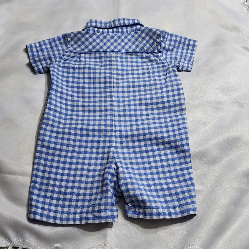Ralph Lauren Baby Boys Blue Gingham Cotton Oxford Romper 3M Short Sleeve